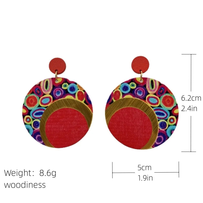 Fashion Exaggerated Round Earrings Printed Colorful Wooden Earrings for Women Ethnic Statement Jewelry Party Wedding Gift